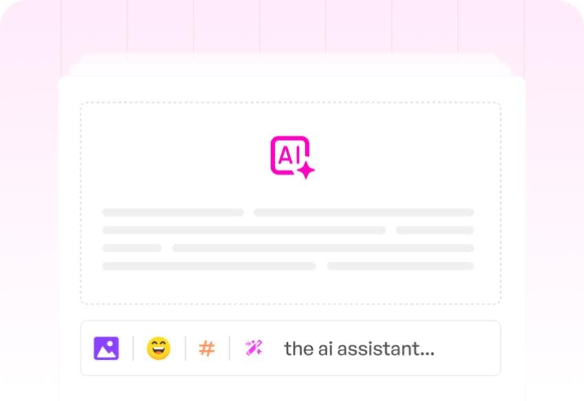 A composer window with an AI panel above a toolbar for images, emoji, hashtags and rewriting.