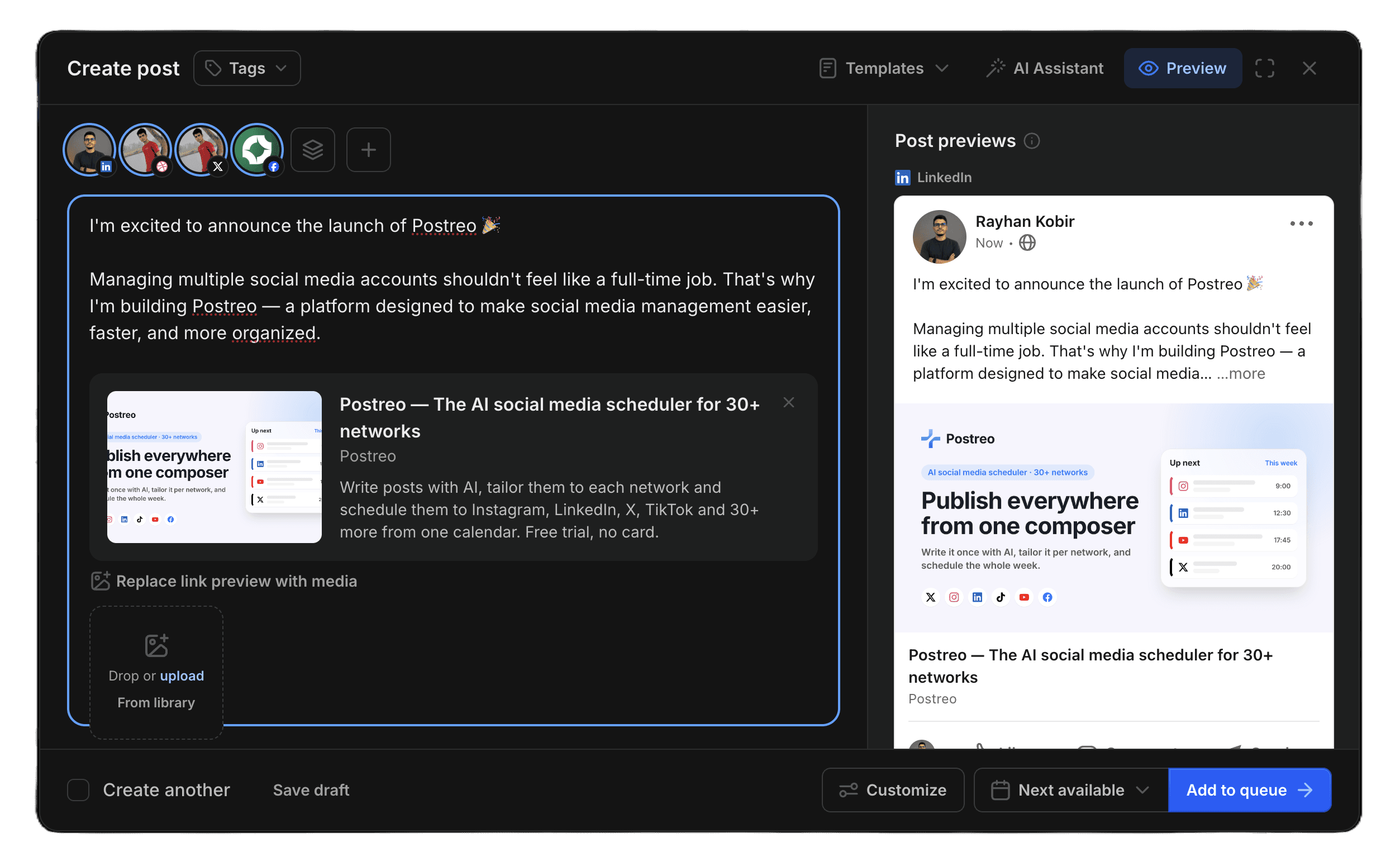 The post composer with a caption, media and a preview for each selected channel.