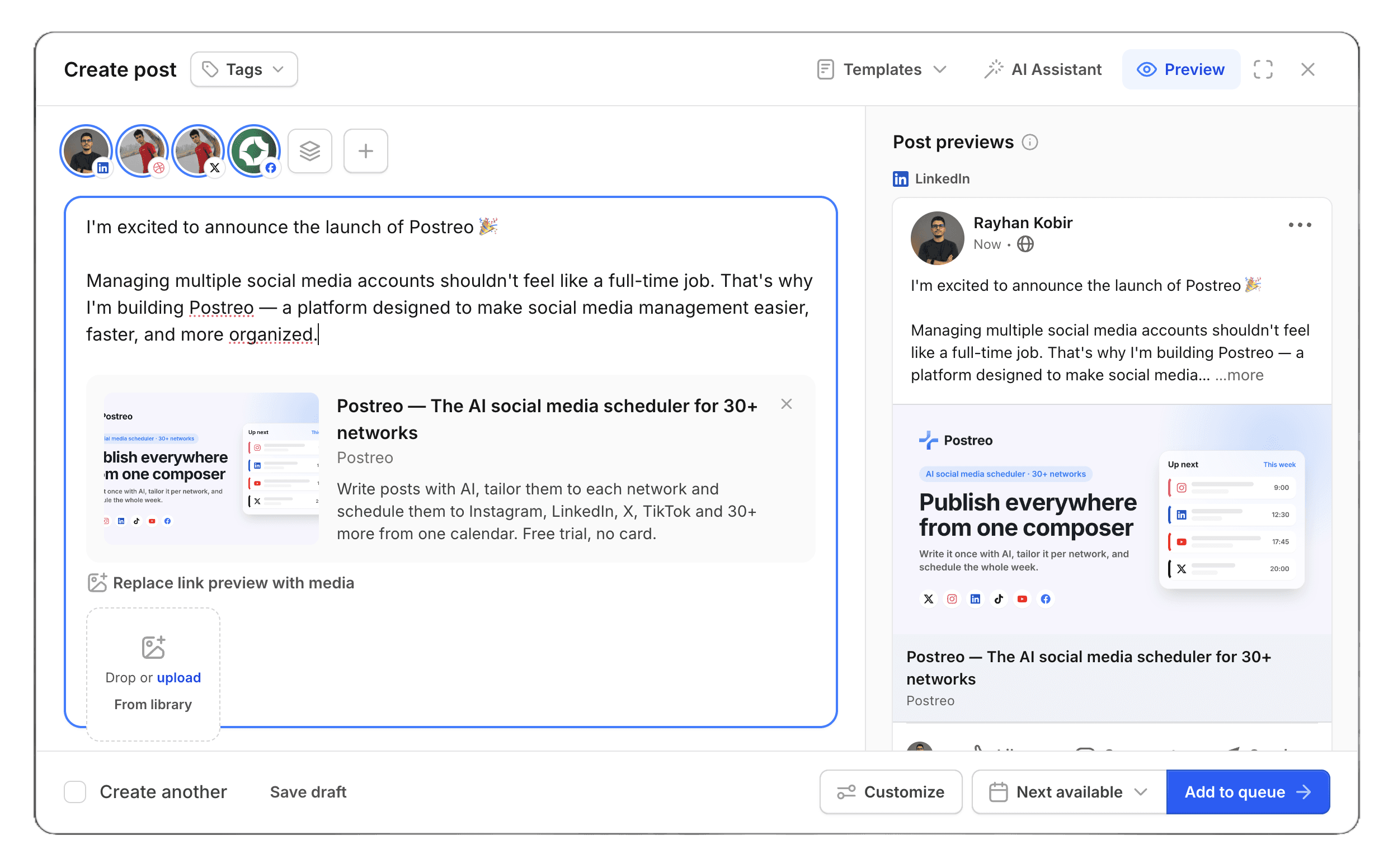 The post composer with a caption, media and a preview for each selected channel.