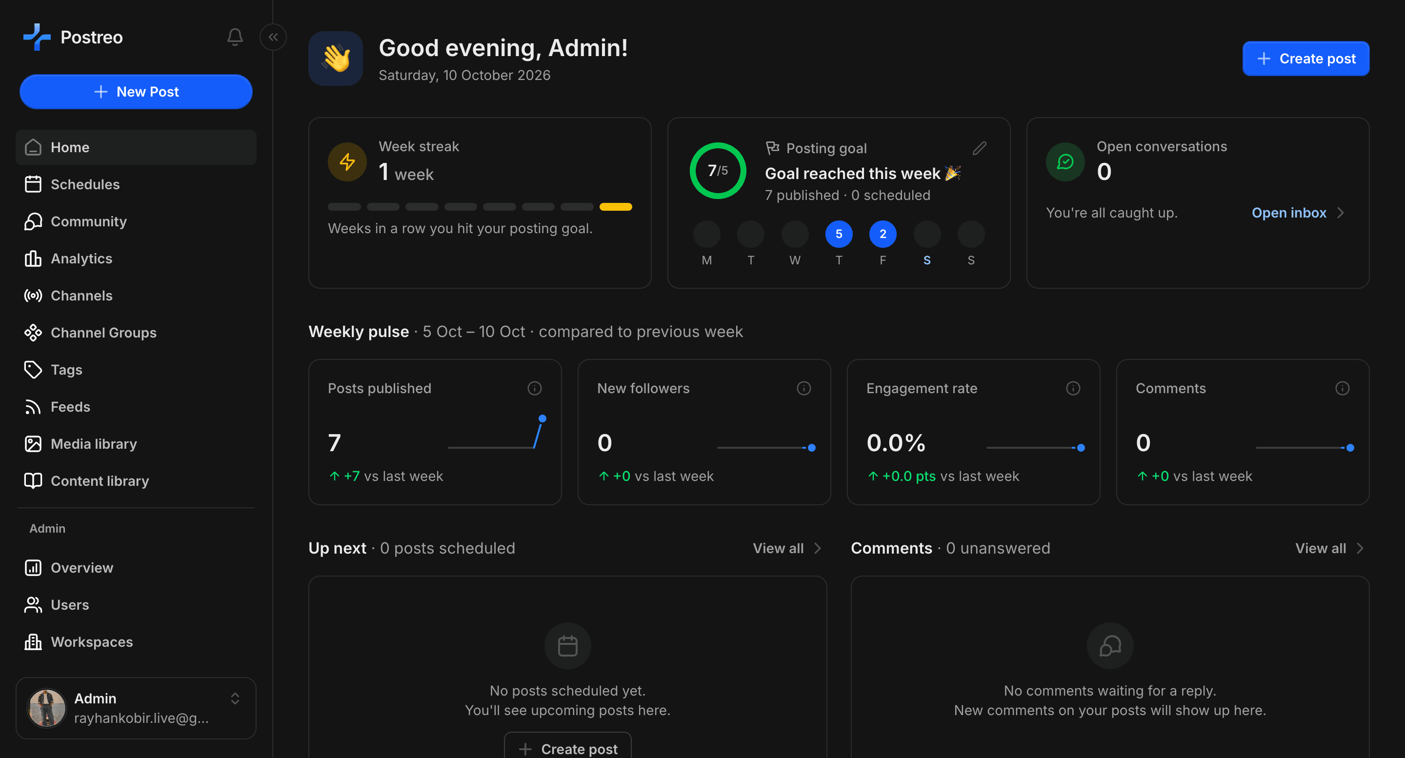 The Postreo dashboard with scheduled posts, channels and analytics.