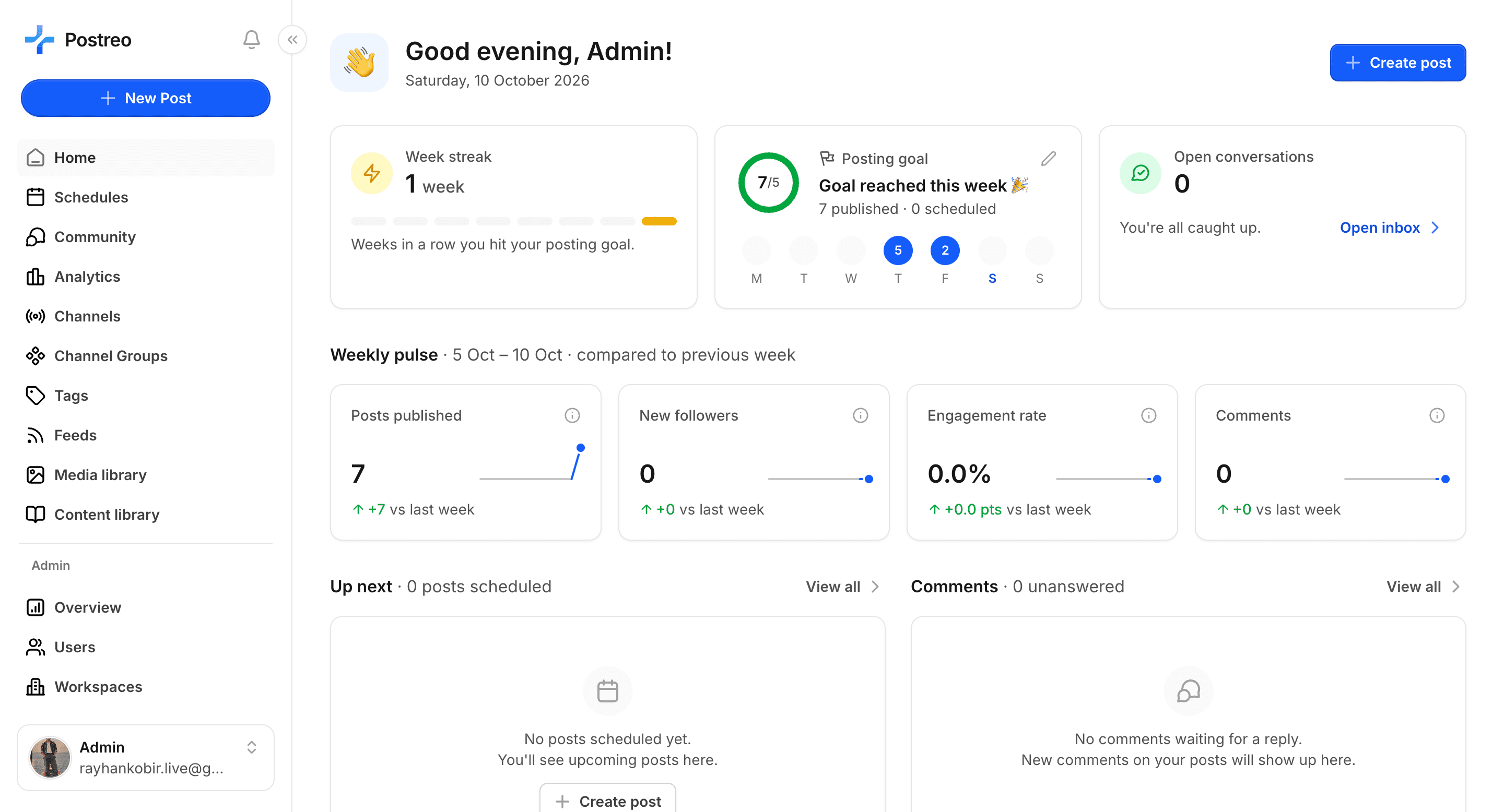 The Postreo dashboard with scheduled posts, channels and analytics.